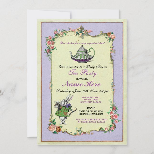 Tea Party Babydusche Lila Teekanne Einladung (Vorderseite)