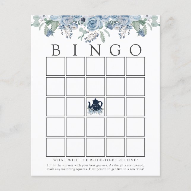 Tea Party Blue Floral Bride Bingo Carte de jeu (Devant)