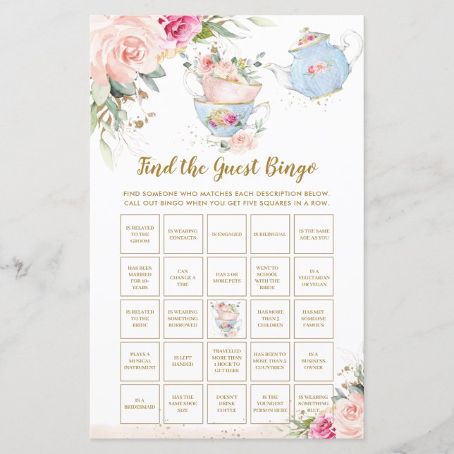 Tea Party Blumendusche Finden Sie das Bingo Game (Vorderseite)