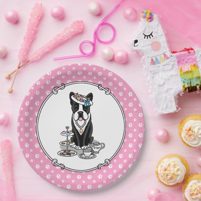 Tea Party Boston Terrier Dog (schwarz) Niedlich Pappteller (Party)