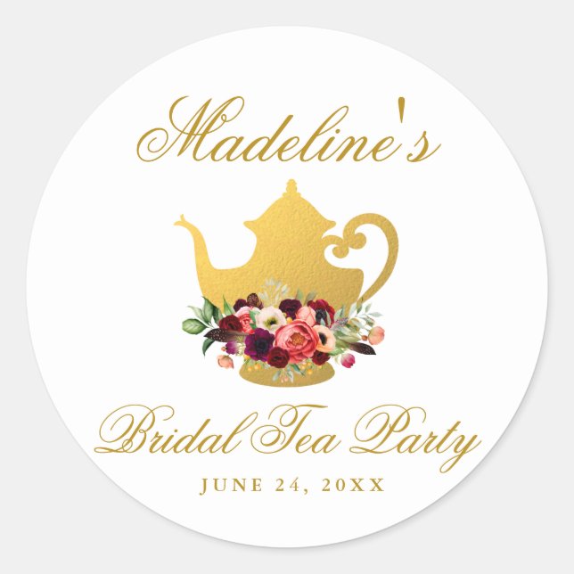 Tea Party Brautparty Burgundy Floral Boho Runder Aufkleber (Vorderseite)