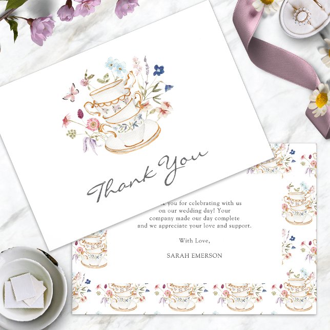 Tea-Party-Brautparty Dankeskarte (Floral Tea Party Bridal Shower Thank You Card with Butterfly by Painted Paperie
)