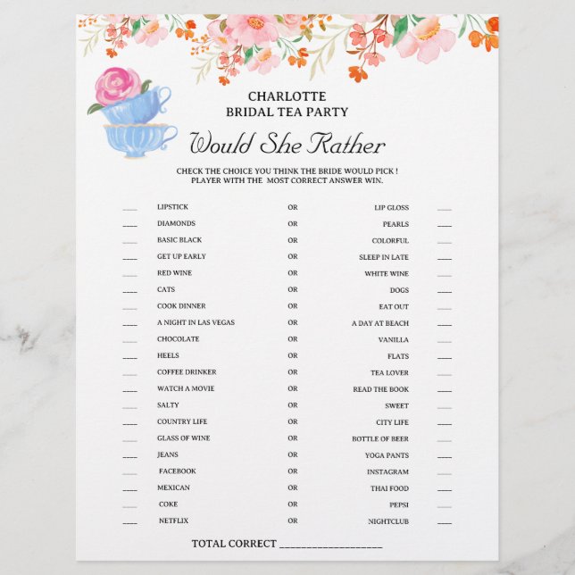 Tea Party Brautparty Games Flyer (Vorne)