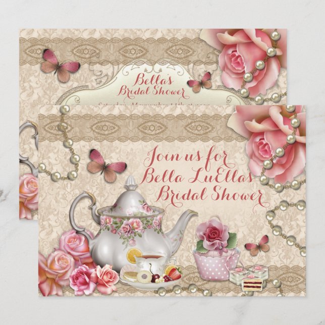 Tea Party Dusche Geburtstag Einladungen (Vorne/Hinten)