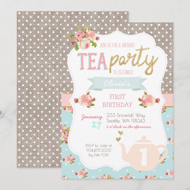 Tea Party Einladung zum Geburtstag (Vorne/Hinten)