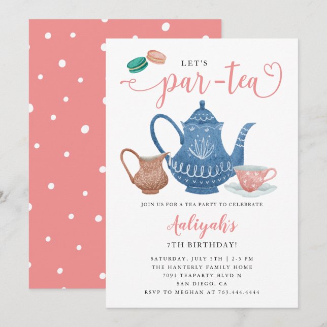 Tea Party Einladung zum Geburtstag (Vorne/Hinten)
