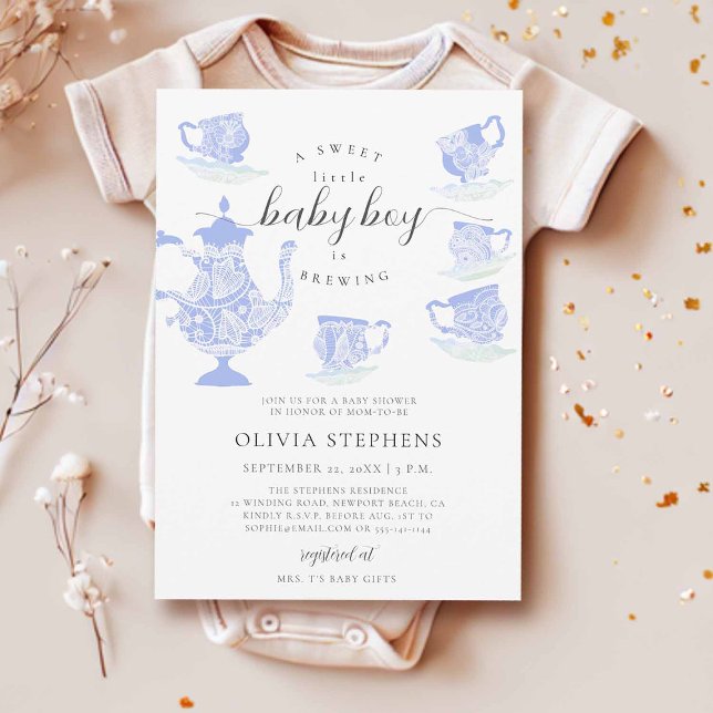 Tea Party Elegant Boho Lace Set Baby Boy Dusche Einladung (baby brewing tea party invitation boy blue lace tea set elegant modern boho chic cute watercolor)