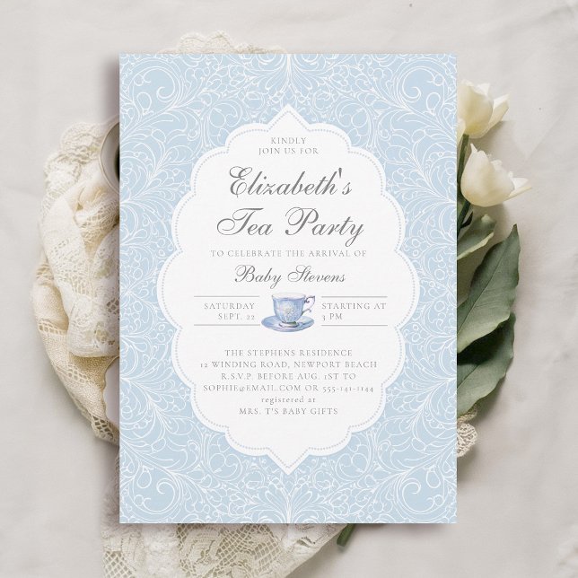 Tea Party Elegant Modernes Leder Blue Boy Baby Dus Einladung (boy baby tea party shower invitation elegant frame modern classic lace blue brewing)