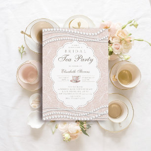 Tea Party Elegante Spitzenpearls Peach Brautparty Einladung