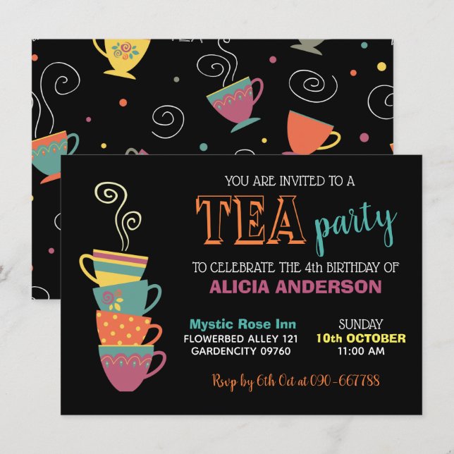 Tea Party Girl's Birthday Hot Cups farbenfroh Einladung (Vorne/Hinten)