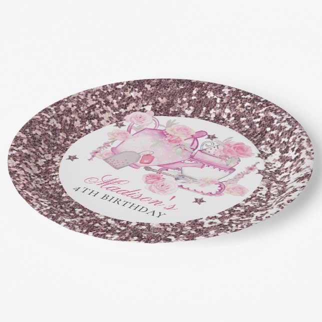 Tea Party Glitzer Personalisiert Elegant Pappteller (Schrägansicht)
