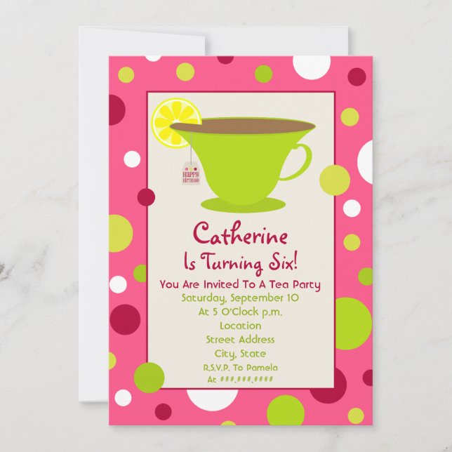 Tea Party Invitation Anniversaire - Pink And Green (Devant)