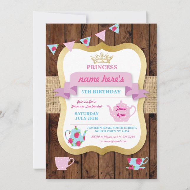 Tea Party Invitation Princess Crown Pot Alice Anni (Devant)