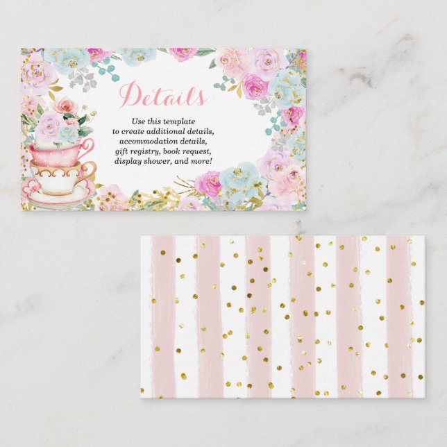 Tea Party Pastel Floral Douche Détails Carte (Devant / Derrière)