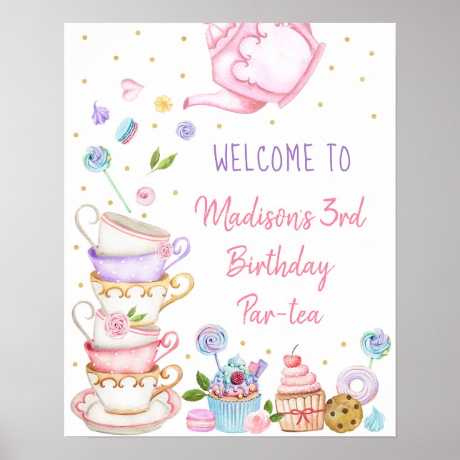 Tea Party Pink Gold Floral Birthday Welcome Poster (Vorne)