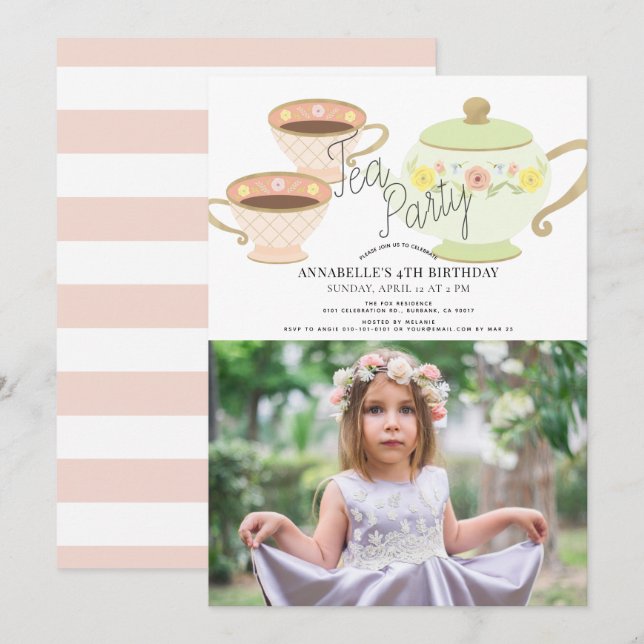 Tea Party Tea Pot & Cups Girl Birthday Foto Einladung (Vorne/Hinten)