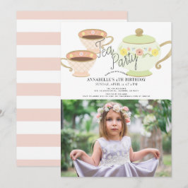 Tea Party Tea Pot & Cups Girl Birthday Foto Einladung