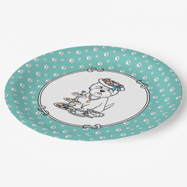 Tea Party Westie - West Highland White Terrier Pappteller (Schrägansicht)
