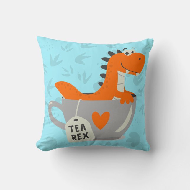 Tea Rex Dinosaur Aquamarin Orange Kids Zimmerdekor Kissen (Vorderseite)