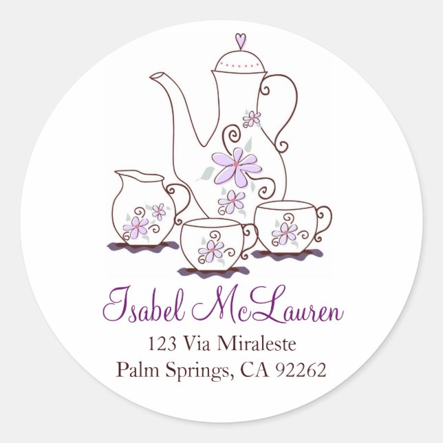 Tea Set de fleurs violettes Étiquettes de adresse (Devant)