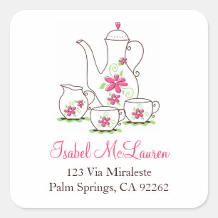 Tea Set Fleurs Roses, Étiquettes de adresse Carré