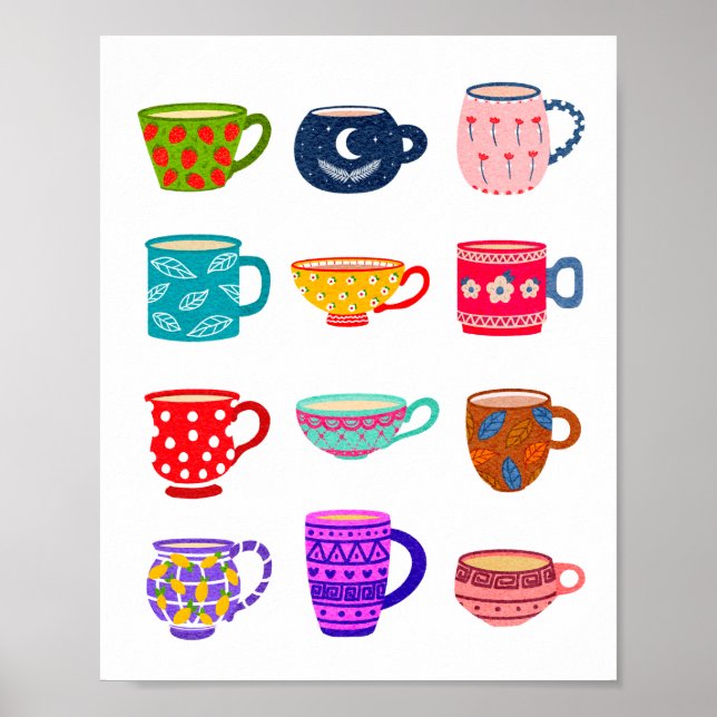 Tea Time Bright Wasserfarben Cups Küche Wanddekor Poster (Vorne)