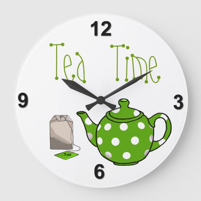 Tea Time Green & White Kitchen Große Wanduhr (Vorderseite)
