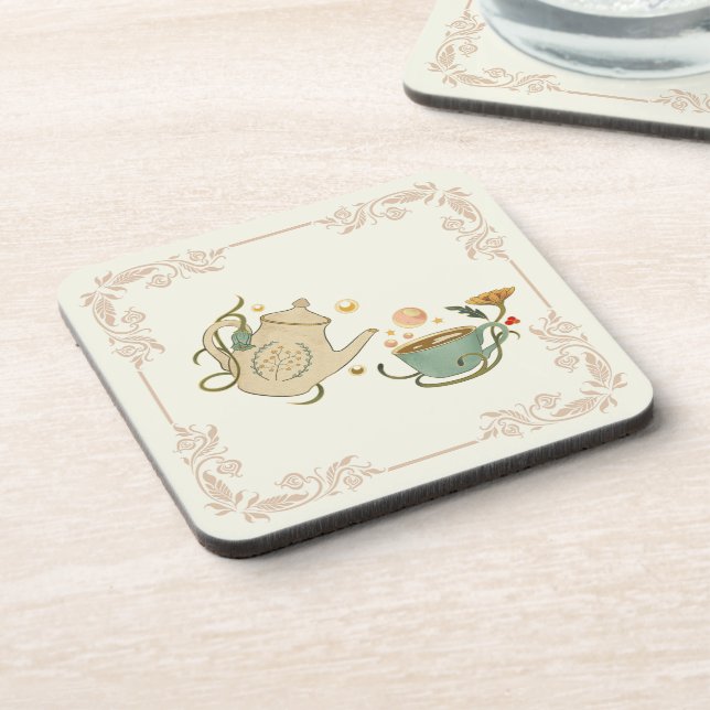Tea Time Illustration, Beige Nature Graphic Art Getränkeuntersetzer (Linke Seite)