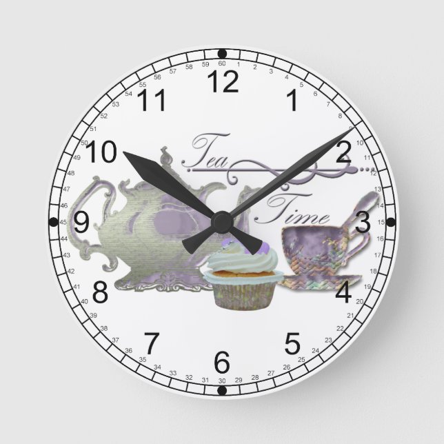 Tea Time! Lilac Teapot, Teacup and Cupcake Art Runde Wanduhr (Vorderseite)