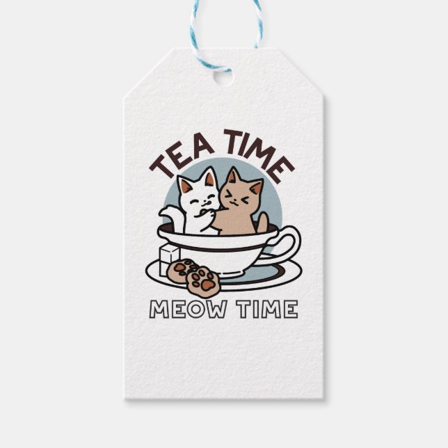 Tea Time Meow Time - Niedliches Katzen- und Teedes Geschenkanhänger (Vorderseite)