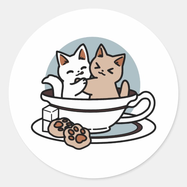 Tea Time Meow Time - Niedliches Katzen- und Teedes Runder Aufkleber (Vorderseite)