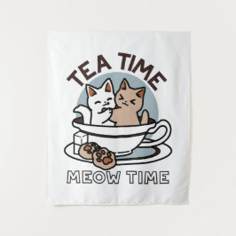 Tea Time Meow Time - Niedliches Katzen- und Teedes Wandteppich