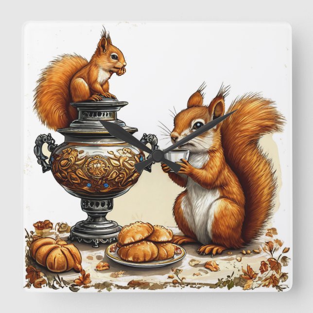 Tea time mit Eichhörnchen Quadratische Wanduhr (Vorderseite)