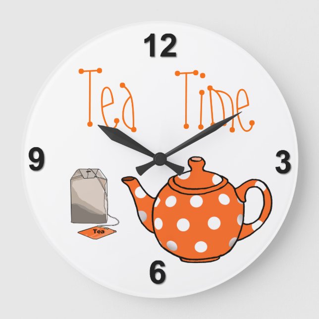 Tea Time Orange & White Kitchen Große Wanduhr (Vorderseite)
