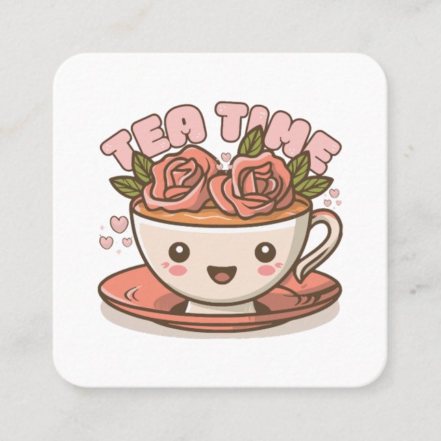 Tea Time Rose Tea Kawaii Quadratische Visitenkarte (Vorderseite)