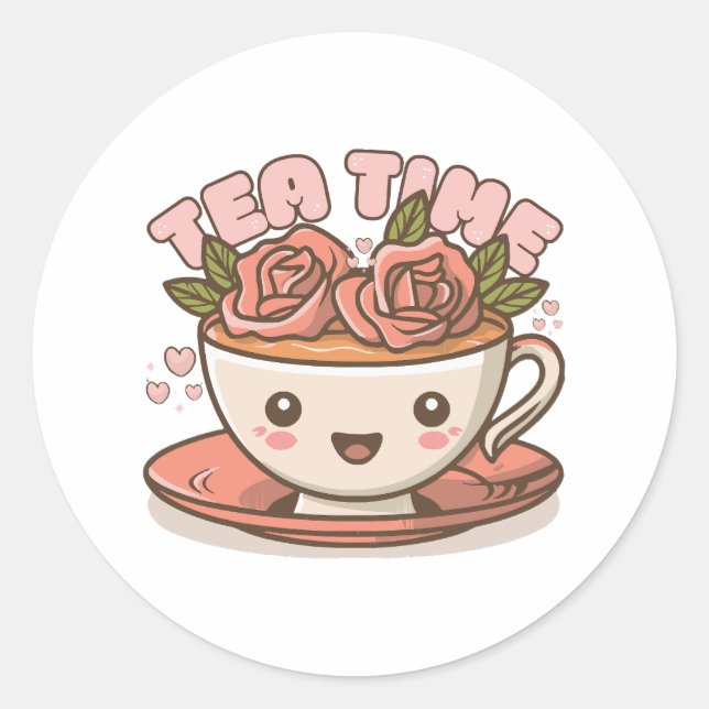 Tea Time Rose Tea Kawaii Runder Aufkleber (Vorderseite)