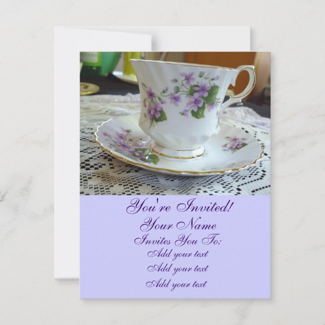 Tea Time Vintag Violets Teacup Einladung (Vorderseite)
