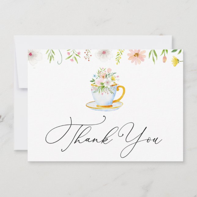 Tea Time Whimsical Wildblume Danke Note Card Mitteilungskarte (Vorderseite)