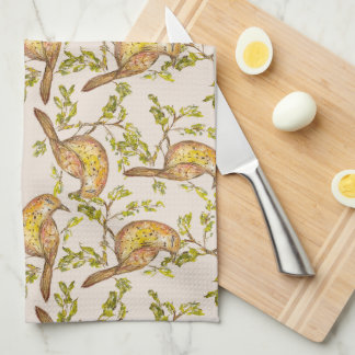 Tea Towel With Hand-Painted Birds on Branches Geschirrtuch