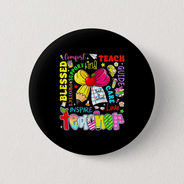 Teach Love Inspire Teacher Kids Pencil Bow Back To Button (Vorderseite)
