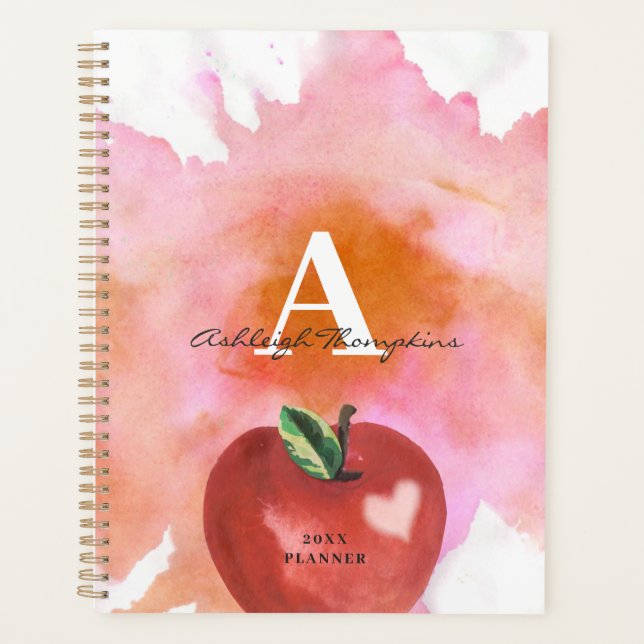 Teacher Apple Heart Monogramme Nom Rouge Rose (Devant)