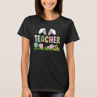 Teacher Bunny Ears Leopard Pink Plaid Rabbit Eggs T-Shirt