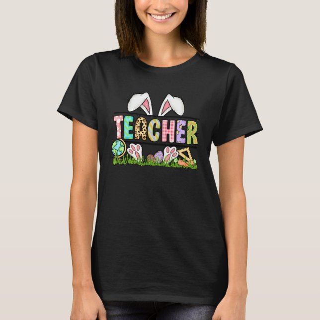 Teacher Bunny Ears Leopard Pink Plaid Rabbit Eggs  T-Shirt (Vorderseite)