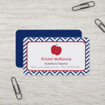 Teacher Business Cards Navy Blue Zickzack & Apple