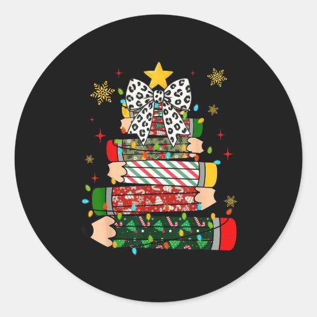 Teacher Christmas Tree Lights Pencil Leopard Print Runder Aufkleber (Vorderseite)