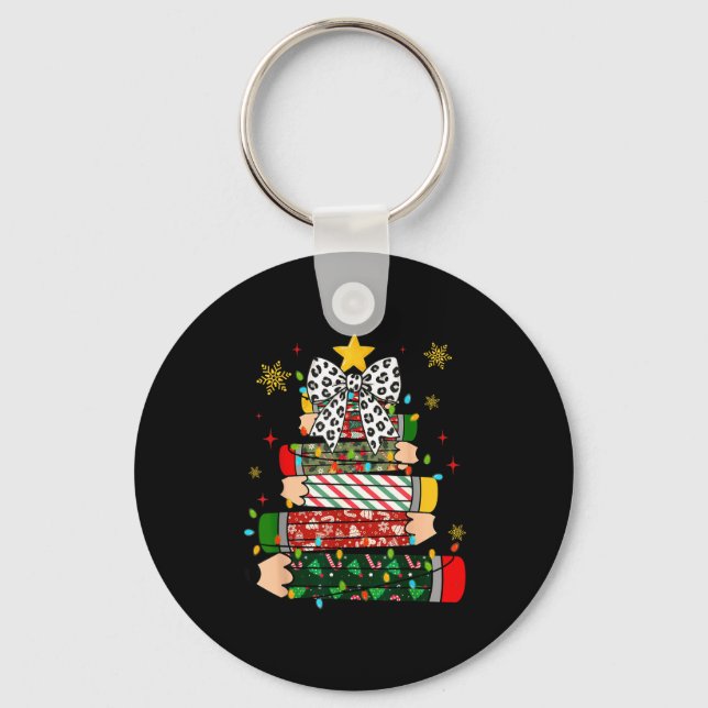 Teacher Christmas Tree Lights Pencil Leopard Print Schlüsselanhänger (Vorderseite)