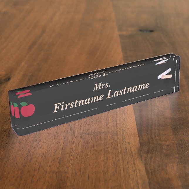 Teacher Desk Nameplate – Custom Black – Red Apple Namensplakette (Seite)