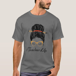 Teacher Life Funny Messy Bun Band Glasses Leopard T-Shirt