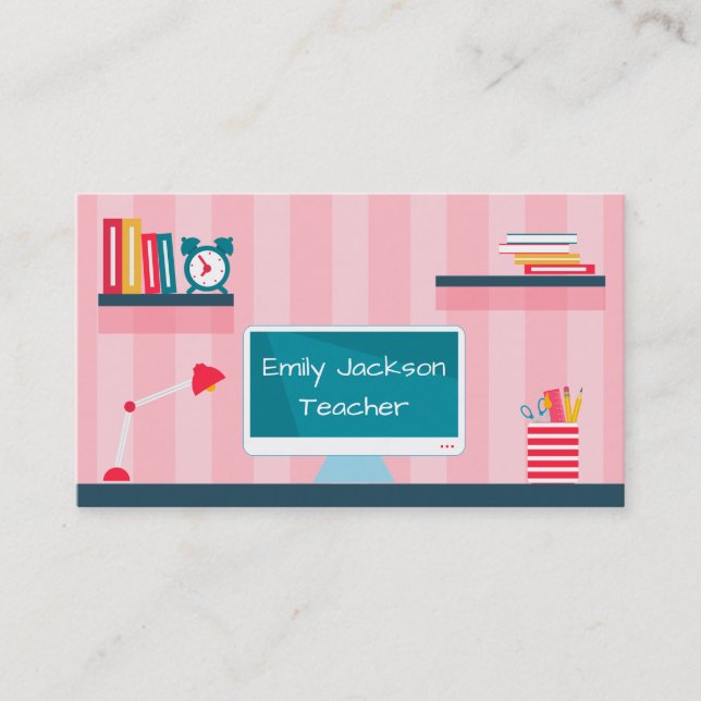Teacher Pink Stripes School Thema Visitenkarte (Vorderseite)
