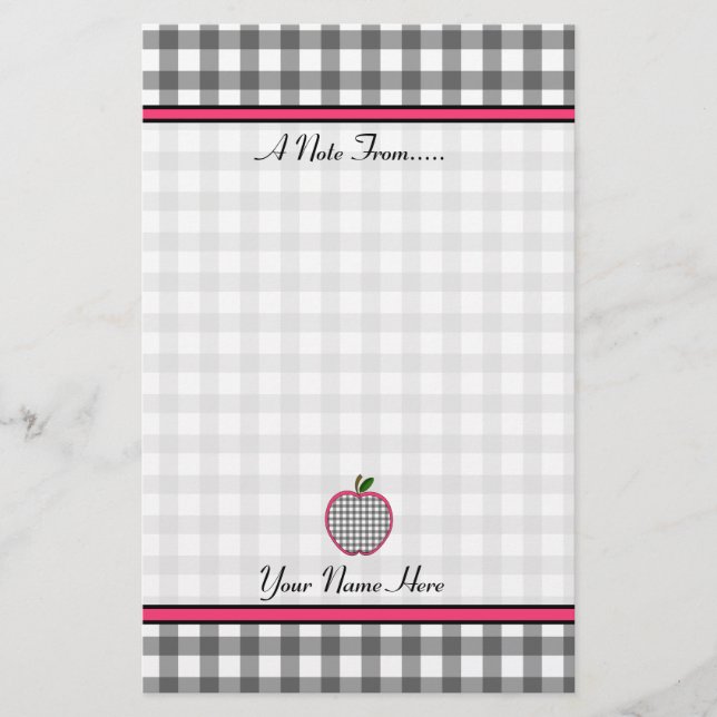 Teacher Stationery - Charcoal Gingham Apple Briefpapier (Vorderseite)